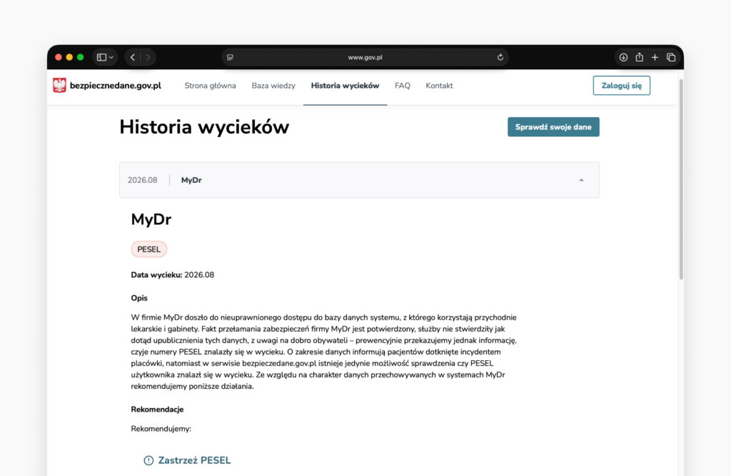 Strona bezpiecznedane.gov.pl z listą wycieków danych, w których pojawił się sprawdzany PESEL
