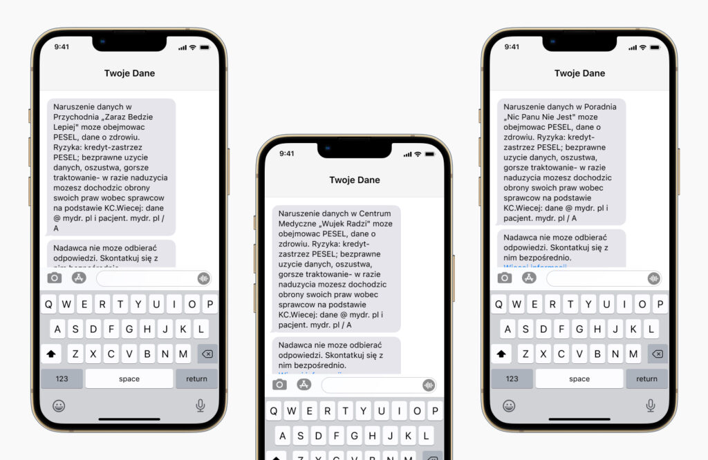 Kilka SMS-ów od nadawcy „Twoje Dane" z różnych przychodni o identycznej treści.